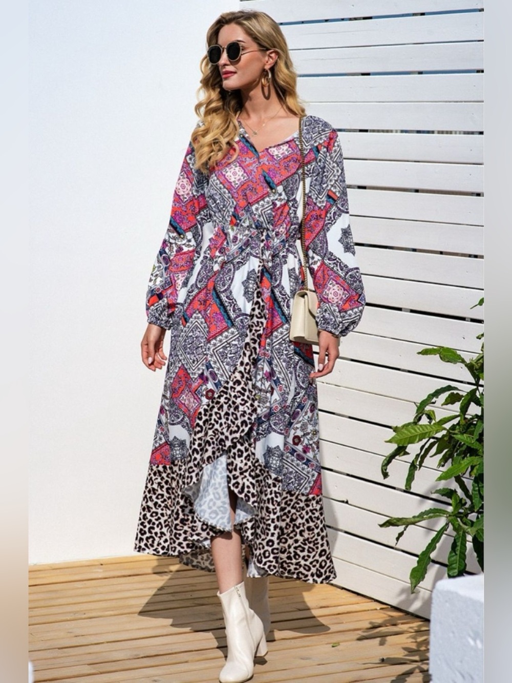 Leopard Ruffle Trim V-Neck Printed Dress - Picture 4 of 6